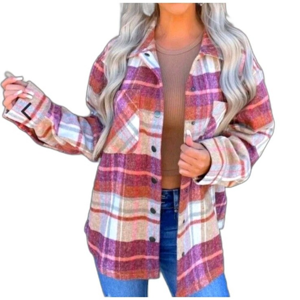 Eesome Womens Plaid Jacket Casual Loose Collared Woolen Coat XL